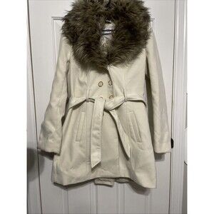 Flaws Read Guess Cream Wool Blend Faux Fur Collar - Women's Pea Coat Size M Y2K